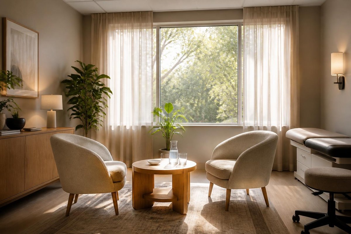 A Solace consult room with two armchairs by a window