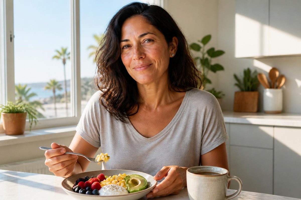Maya eating a protein-rich breakfast in her sunny kitchen