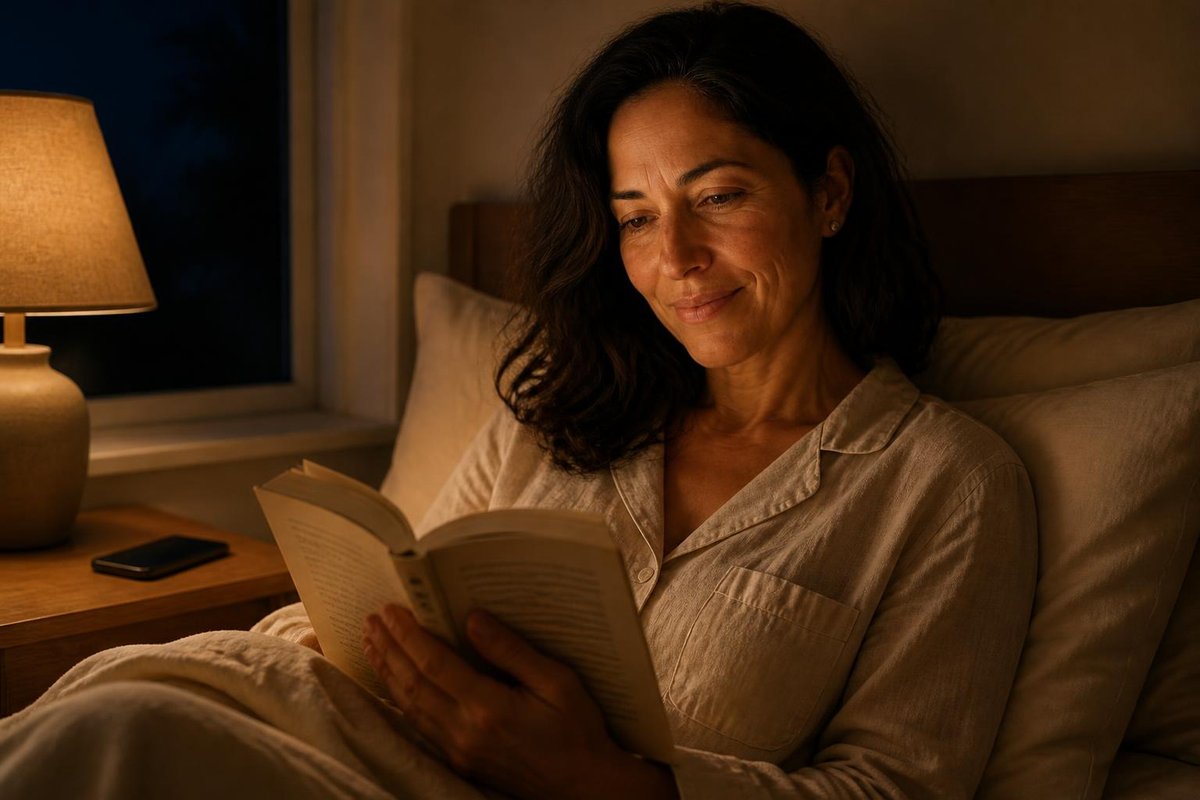 Maya reading in bed by a warm lamp at night