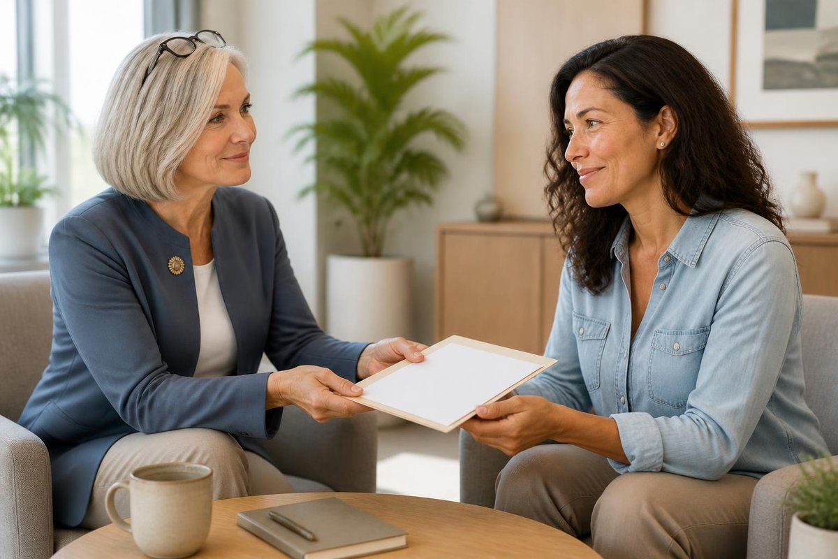 Dr. Kaplan handing Maya her written care plan